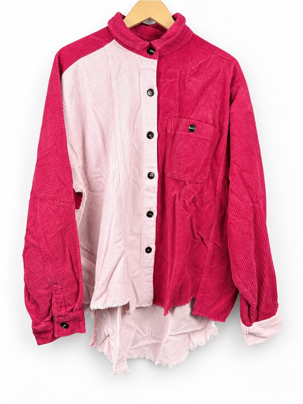 GeeGee Women’s Large Pink Colorblock Corduroy Shacket Raw Hem Oversized NWT